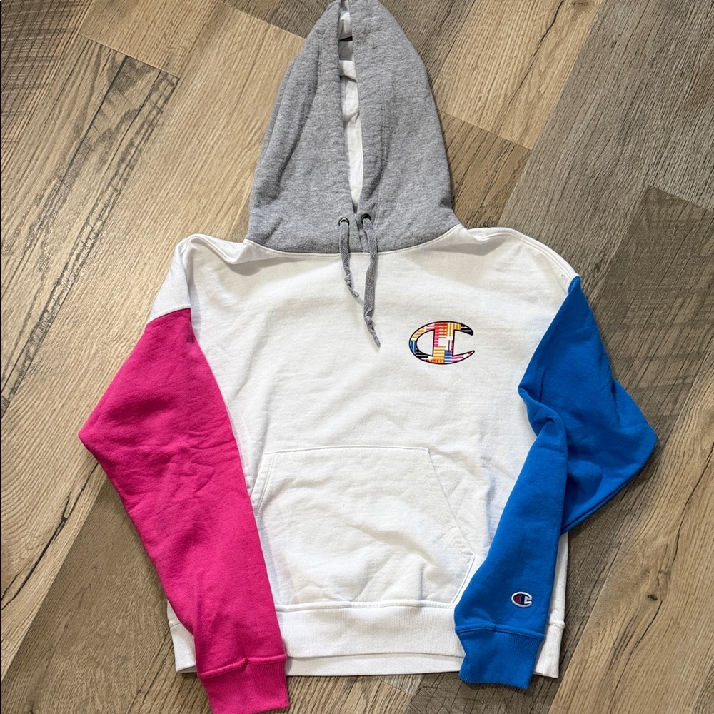Champion Colorblock Hoodie - White with Pink & Blue Sleeves